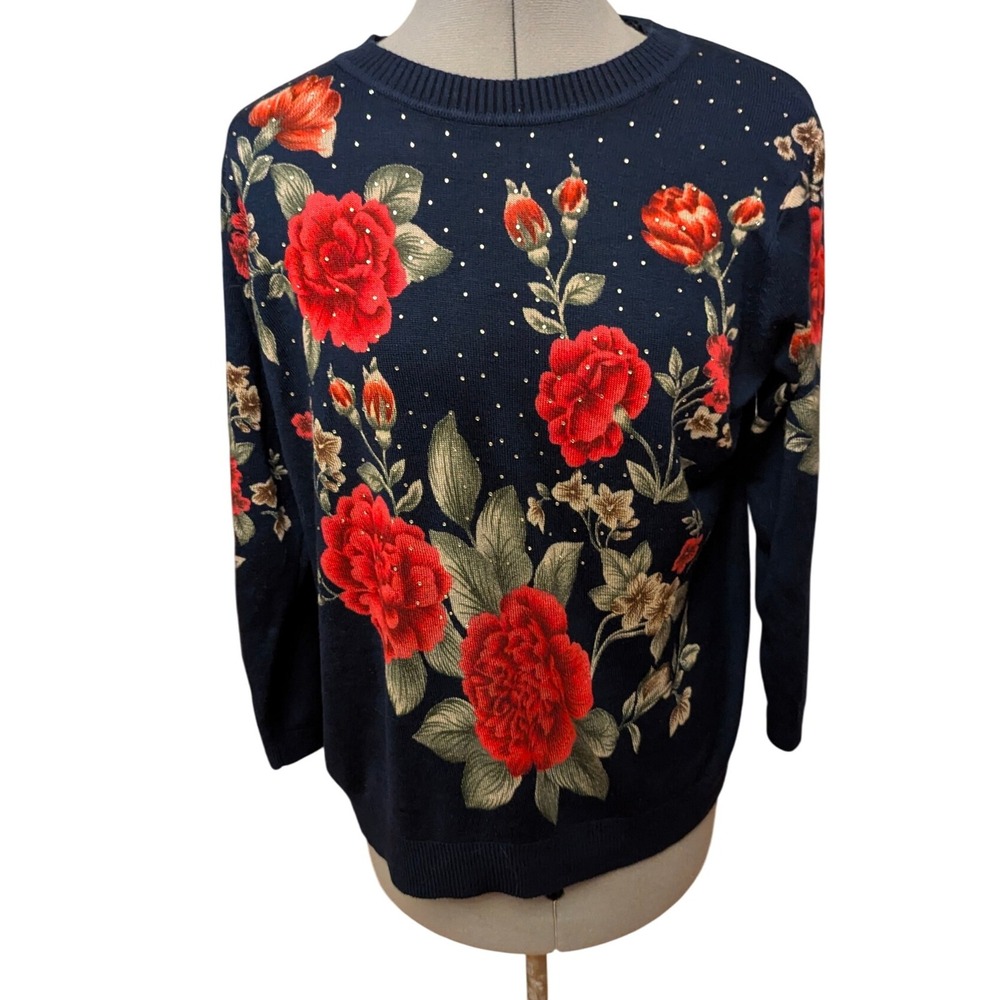 C.D. Daniels Floral Embellished Sweater Red Roses Rhinestones‎ Women's 1X